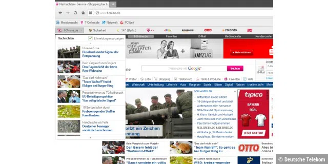 Der T-Online.de-Newsticker stellt aktuelle Nachrichten über ein Dropdown-Menü in der Navigation zur Verfügung.