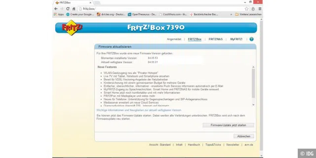 Die erste Maßnahme beim Fritzbox-Tuning sollte immer das Aktualisieren der Firmware sein. Die von AVM regelmäßig bereitgestellten Updates beseitigen Bugs und fügen der Box neue Funktionen hinzu.