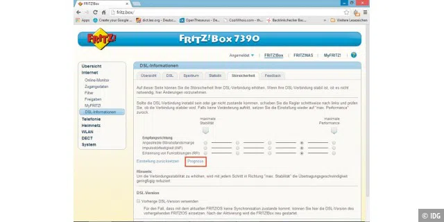 Nach einem Klick auf den Link „Prognose“ liefert die Software der Fritzbox eine ungefähre Einschätzung, mit welchem Upload- und Download-Speed Sie nach dem Verstellen der Einstellungen rechnen müssen.