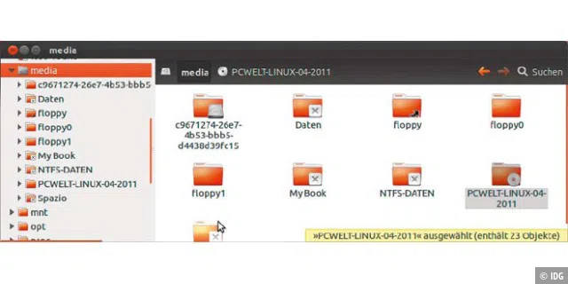 Zugriff auf externe Datenträger: Ins „/media“-Verzeichnis bindet Ubuntu zum Beispiel eingelegte DVDs, USB-Sticks oder externe Festplatten ein.