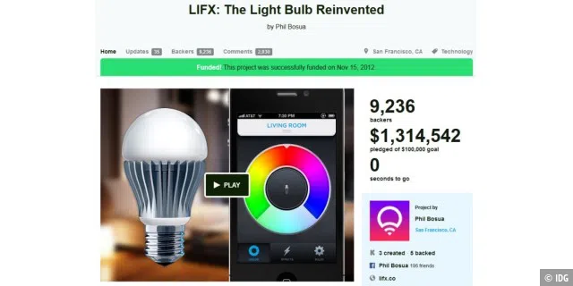 Die intelligente LED-Leuchte LIFX stammt von einem Startup, das auf der Crowdfunding-Plattform Kickstarter mehr als 1,3 Millionen US-Dollar einsammelte.
