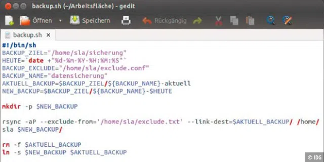 Beispielcode für das automatische Backup mit rsync: Das individuelle Shell-Script schreiben Sie mit einem beliebigen Editor Ihres Systems.