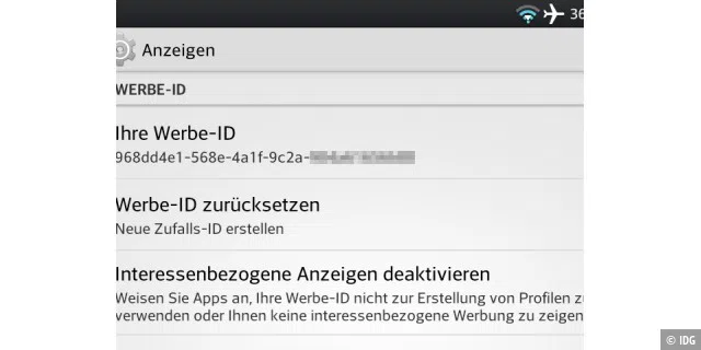 Android Werbe-ID: Sie lässt sich im Gegensatz zur Android ID vom Benutzer jederzeit zurücksetzen.