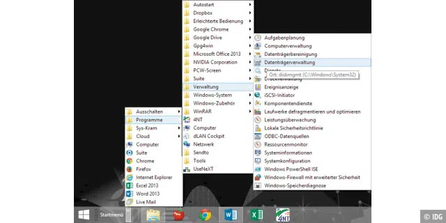 Nachdem der Ordner „Startmenü“ unter Windows 8 weiterexistiert, kann er mühelos in der Taskleiste dargestellt werden.