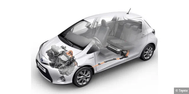Die Technik im Yaris Hybrid: Vorne die beiden Motoren mit dem Inverter, die Leitungen und die Batterie unter dem Rücksitz.