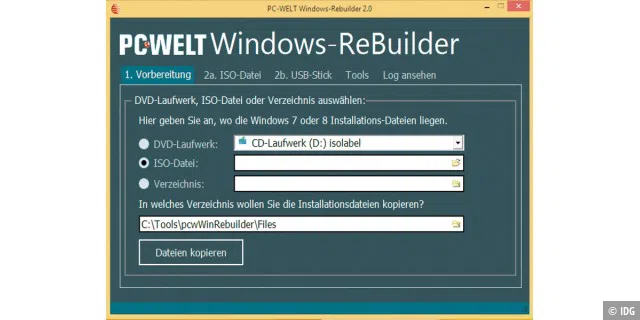 Installationsmedium anpassen: PC-WELT Windows-Rebuilder kopiert die Windows-Installationsdateien auf die Festplatte. Sie ändern dann die Datei Ei.cfg und erstellen eine neue DVD oder einen USB-Stick.