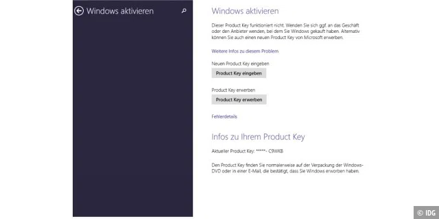 Neuer Produktschlüssel: Die Installation von Windows 8.1 funktioniert auch mit einem allgemeinen Schlüssel. Für die Aktivierung tragen Sie über die Schaltfläche „Product Key eingeben“ den Windows-8-Schlüssel ein.