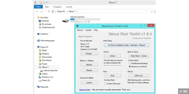 Mit dem Windows-Programm „Nexus Root Toolkit“ lassen sich Nexus-Geräte relativ einfach rooten und mit einem alternativen Kernel bestücken.