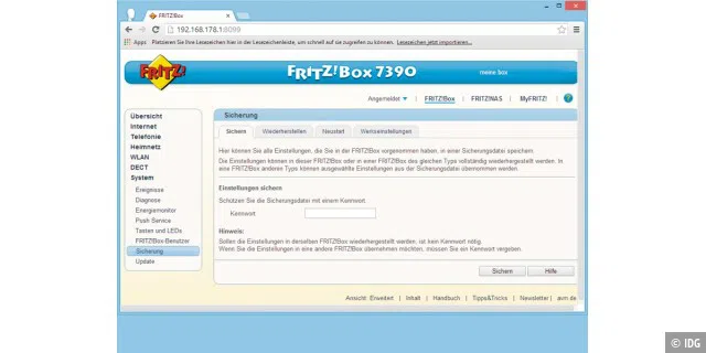 Bevor Sie größere Änderungen an der Konfiguration vornehmen oder die Firmware aktualisieren, sollen Sie die Einstellungen der Fritzbox sichern.