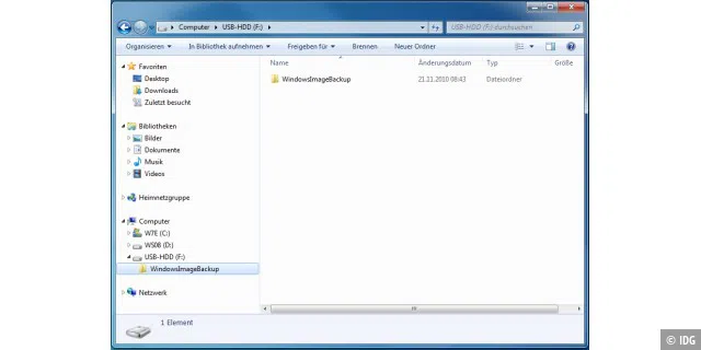 Das erstelle Systemabbild finden Sie auf dem Sicherungsdatenträger in einem Verzeichnis „WindowsImageBackup“.