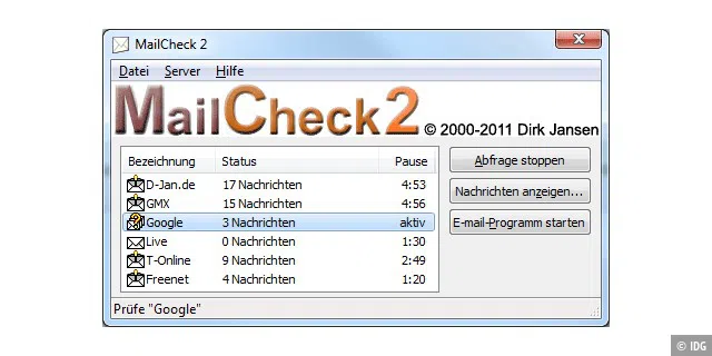Denn mit MailCheck2 kann man beliebig viele IMAP- und POP3-Konten abrufen, ohne sich in jedes Konto einzeln einloggen zu müssen.