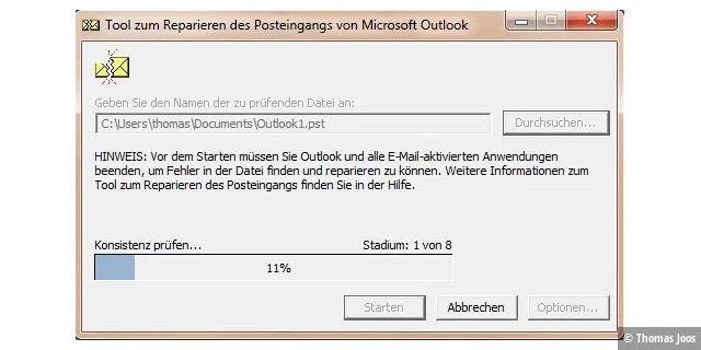 Überprüfen von Outlook-Datendateien mit scanpst.exe.
