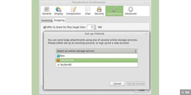 Link statt Datei: Thunderbird kann Ubuntu One als Speicher für große Dateien verwenden. Die Software schickt dem Empfänger dann lediglich einen Link.