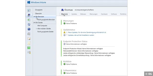 Verwaltungshilfe: In Windows Intune verwalten Sie den Sicherheitsstatus der angebundenen PCs und steuern auch das Update-Verhalten der Rechner.