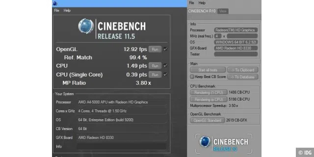 Ergebnisse des AMD A4-5000 im Cinebench 10 und 11.5 (links)