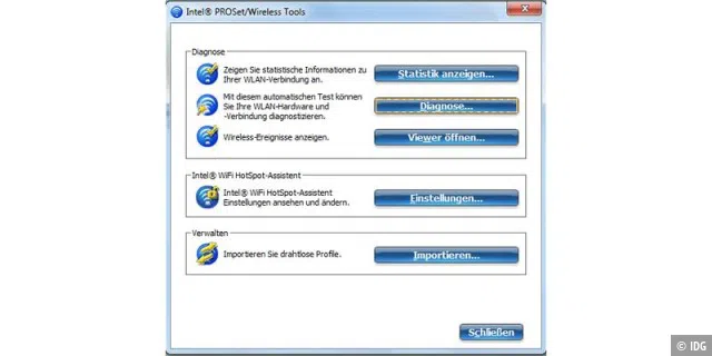 Tools des WLAN-Herstellers bieten oft mehr Möglichkeiten als die WLAN-Einstellungen von Windows. Für Centrino-Module von Intel gibt es beispielsweise die ProSet Wireless Tools