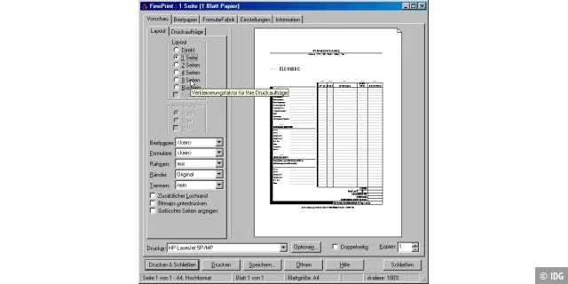 Mehrere Seiten auf einem Blatt ausdrucken: Die Shareware Fineprint platziert sich zwischen Anwendung und Druckertreiber und formatiert den Ausdruck papiersparend um.