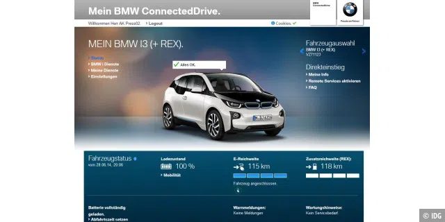Das Webfrontend zu BMW ConnectedDrive: Jeder Besitzer eines i3 hat ein eigenes Webportal.
