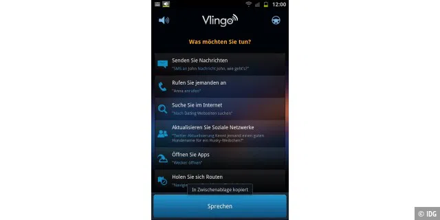 Untermenü von Vlingo für Android