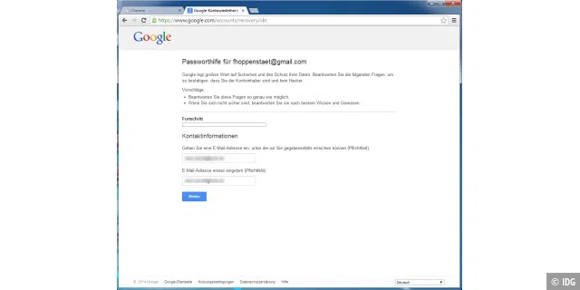 Wenn ein Angreifer das Passwort zu Ihrem Mailkonto geändert hat, können Sie es sich wahrscheinlich über die Passwort-Vergessen-Funktion wie hier bei Gmail wieder zurückholen.