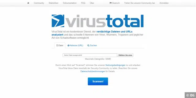 Scannen Sie mit VirusTotal Dateien und URLs online im Browser.