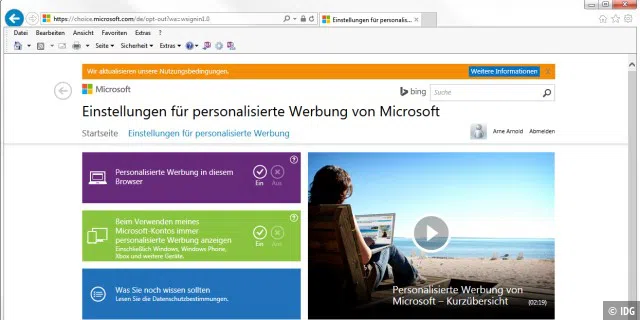 Auch das Werbenetzwerk von Microsoft liefert über seine Seiten sowie seine Partnerseiten personalisierte Werbung aus. Das können Sie auf http://choice.microsoft.com/de/opt-out deaktivieren.