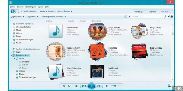 Windows Media Player als Server und Client: Der Player zeigt unter „Andere Medienbibliotheken“ die UPnP-Server im Netz – hier ein NAS-Gerät und einen anderen Windows-PC.