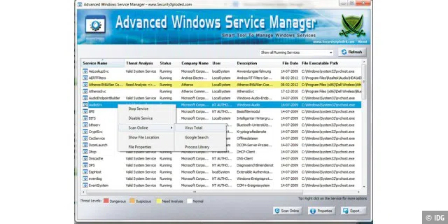 Analyse von Diensten mit dem Advanced Windows Service Manager. Über Google, Virustotal und Processlibrary können Sie hier weitere Informationen zu unbekannten Diensten einholen.