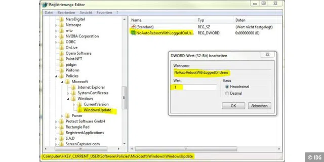 Registry-Hack 4: Reboots verhindern (Windows 7 / Vista)