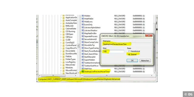 Registry-Hack 1: Aero Peek beschleunigen (Windows 7 / Windows Vista)