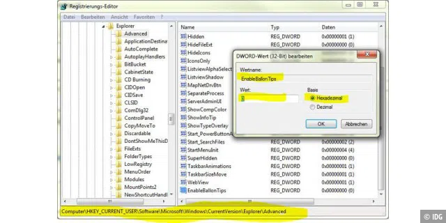 Registry-Hack 5: Notification-Infos abschalten (Windows 7 / Vista)