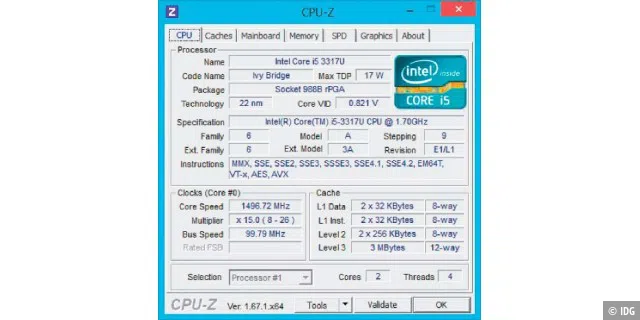 CPU-Fähigkeiten: Moderne Prozessoren, hier ein Intel Core i3, unterstützen Virtualisierung. In den „Instructions“ zeigt das Tool CPU-Z daher die Erweiterung „VT-x“ an.