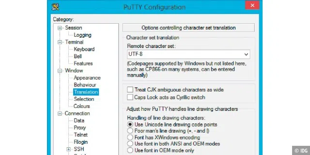 Zeichensatz einstellen: Damit auch Sonderzeichen über Remote Keyboard korrekt übertragen werden, muss im Terminal-Emulator Putty UTF-8 aktiviert sein.