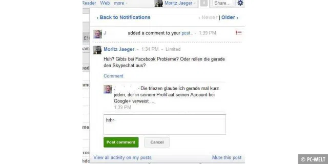 Google+ Antwort auf Eintrag in Benachrichtigung
