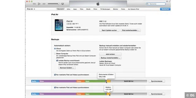 Einen ziemlich guten Überblick über die Belegung des Speicherplatzes erhält, wer das iPad mit iTunes verbindet.