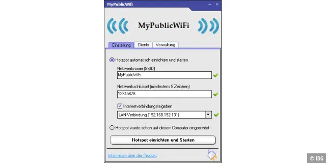 In der Konfiguration von MyPublicWiFi sollten Sie unbedingt den Netzwerkschlüssel und die SSID ändern