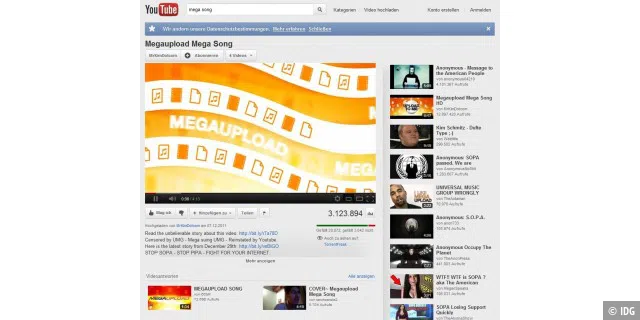 Der „Mega Song“, ein Werbevideo für Megaupload.com, wurde bei YouTube mehr als 3,1 Millionen-mal angesehen.