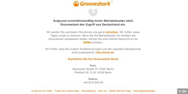 In Deutschland gesperrt wegen GEMA-Gebühren: Grooveshark.