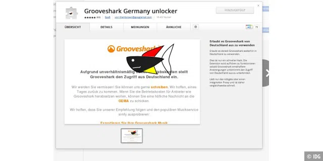 Anti-Sperre: Grooveshark Germany Unlocker für Google Chrome.