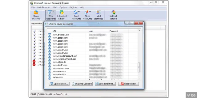 Die Software Elcomsoft Internet Password Breaker liest die gespeicherten Log-in-Daten zu Internetseiten aus den meisten Internet-Browsern recht problemlos aus.