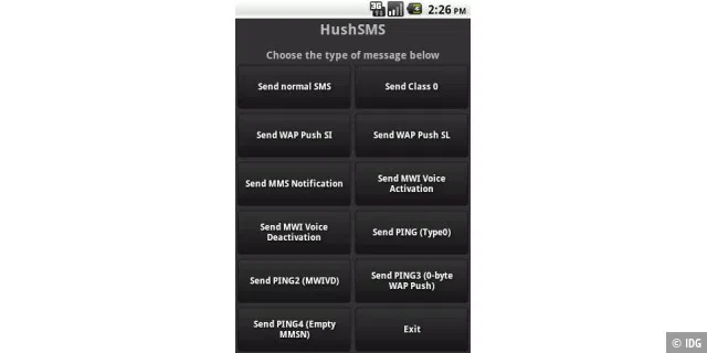 HushSMS bietet verschiedene SMS-Typen an, darunter auch Silent SMS („Send PING“).