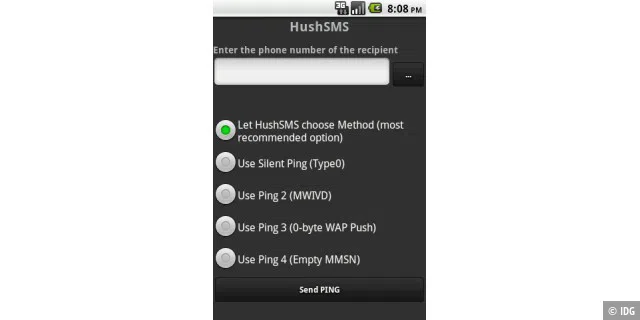 HushSMS unterscheidet auch mehrere Silent-SMS-Methoden.