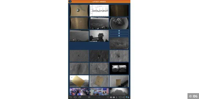 Der Screenshot zeigt die neuesten Bilder von der Marssonde, wie sie in der Android-App wiedergegeben werden.