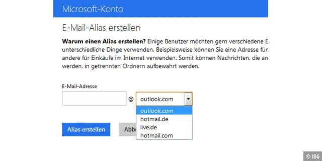 In den Einstellungen von Outlook.com findet sich der Menüpunkt „E-Mail-Alias erstellen“, mit dem sich weitere Adressen zur primären E-Mail-Adressen einrichten lassen.