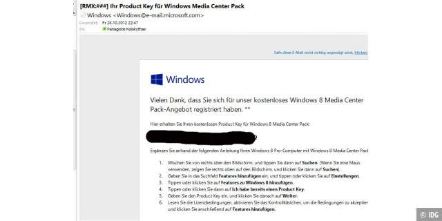 Mail von Microsoft mit Produktschlüssel für Windows 8 Media Center Pack