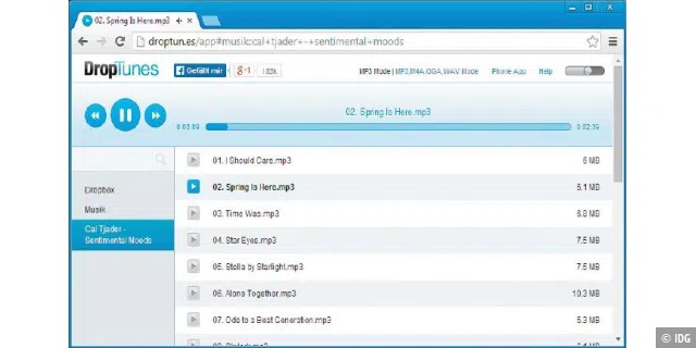 Mit Droptunes Musik aus der Dropbox im Browser abspielen: Der webbasierte Dienst ist kostenlos und stellt eine Verbindung zum Dropbox-Konto her. Er speichert selbst keine Dateien.