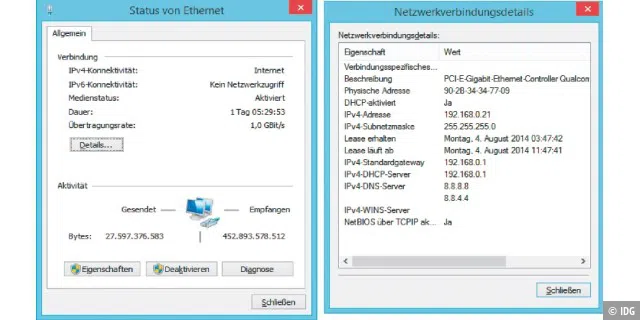 Adapterkonfiguration unter Windows ermitteln: Beim „Status“ eines Netzwerkadapters zeigt Windows die eingestellte Übertragungsrate an. Die „Details“ verraten Ihnen die IP-Adressen.