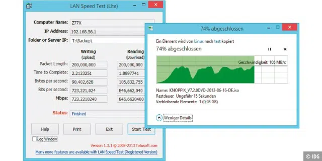 Netzgeschwindigkeit messen: Für eine einfache Kontrolle reicht der Windows-Explorer (rechts). Alternativ verwenden Sie ein Tool wie LAN Speed Test Lite (links).
