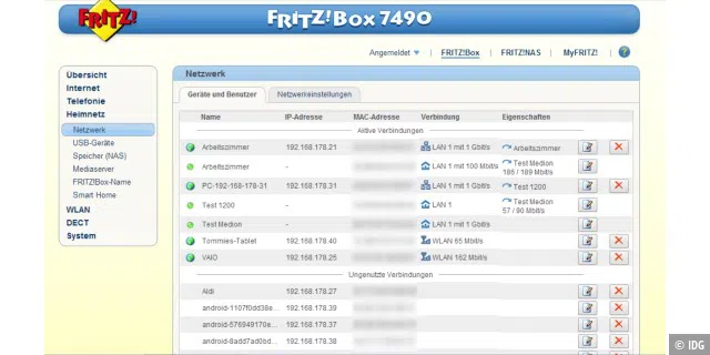 Alle Geräte im Heimnetz sehen Sie im Router-Menü auf einen Blick: Die Fritzbox unterscheidet zwischen Teilnehmern, die gerade angemeldet sind und solchen, die schon mal im Heimnetz aktiv waren