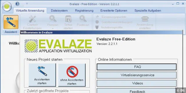 Virtuelle Anwendung erstellen: In Evalaze führt Sie ein Assistent durch die erforderlichen Schritte. Die individuelle Konfiguration ist nur in der Bezahlversion verfügbar.